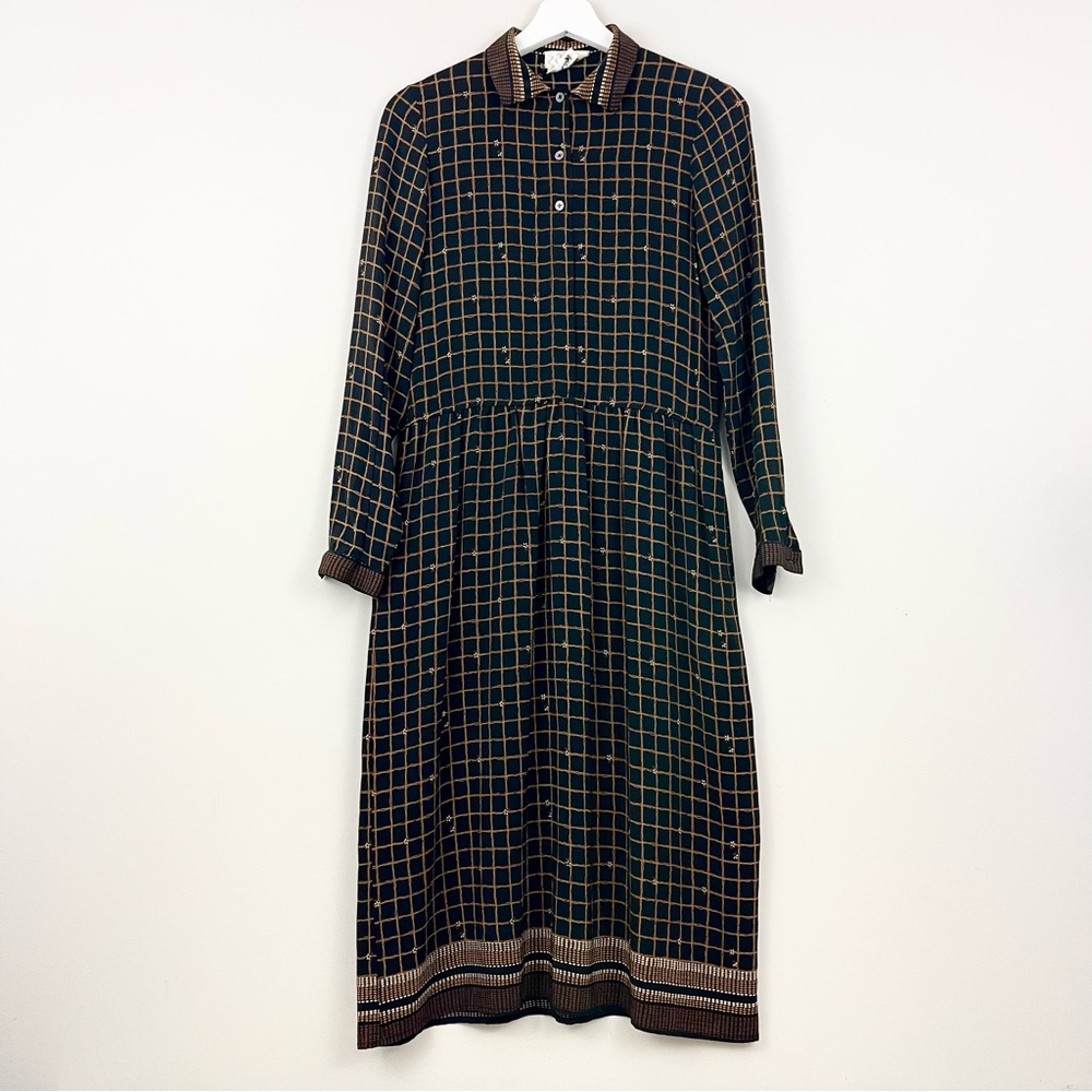 Vintage Four Seasons Plaid Floral Print 100% Silk Long Sleeve Midi Dress